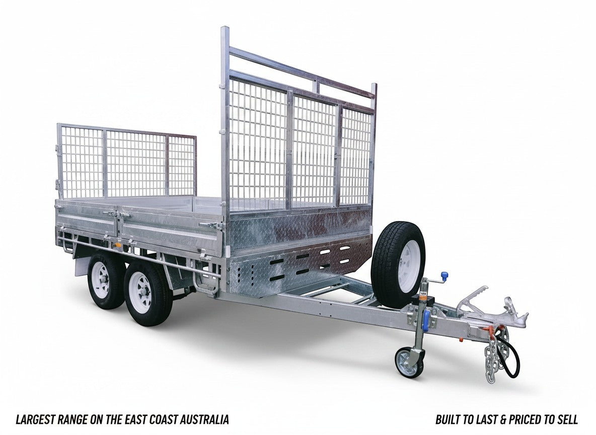 Coffs Metal Works 10x7 flat top trailer with tandem axles, checker plate floor, drop-down sides, and cage.