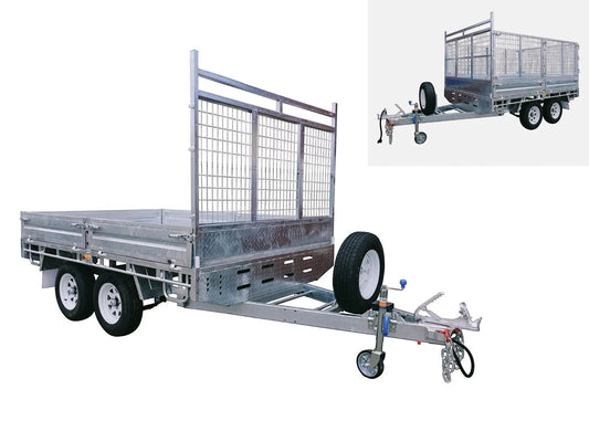Coffs Metal Works 10x7 flat top trailer with tandem axles, drop-down sides, and a removable cage.