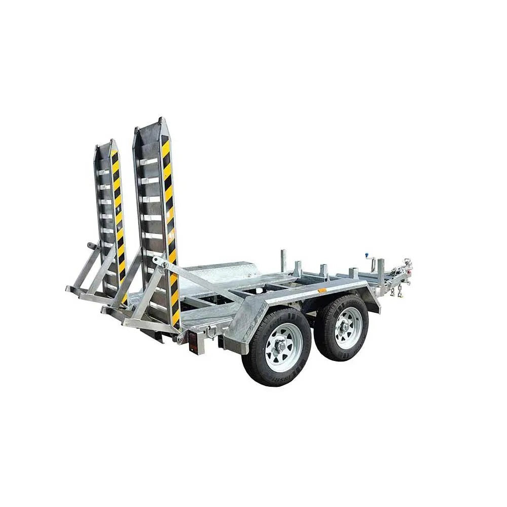 Coffs Metal Works 3000kg plant trailer with dual axles, electric brakes, and aluminium loading ramps.