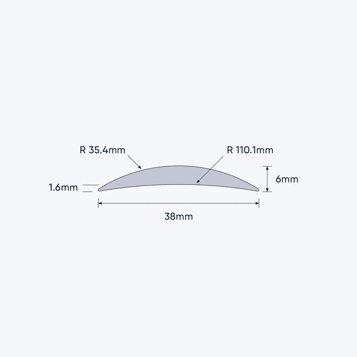 Coffs Metal Works aluminium half round concave bar profile diagram with 38mm width and 6mm height dimensions