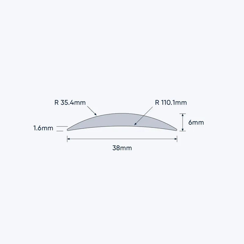 Coffs Metal Works aluminium half round concave bar profile diagram showing 38mm width and 6mm height dimensions.