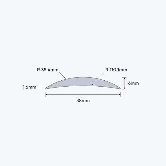 Coffs Metal Works aluminium half round concave bar profile diagram showing 38mm width and 6mm height dimensions.