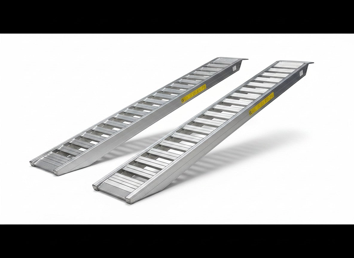 Coffs Metal Works 2.5m aluminium loading ramps with flat rung surface for rubber tracks and tyres, 3-tonne capacity.