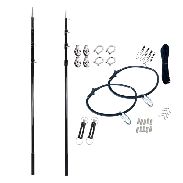 Coffs Metal Works Reelax Grander 3K carbon fiber telescopic outrigger poles with rigging hardware and pulleys.