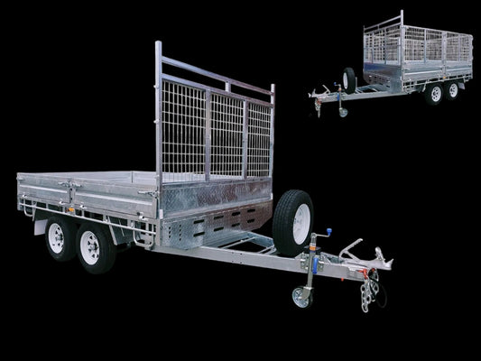 Coffs Metal Works galvanized steel cage trailer with dual axles, spare tire, and hitch. Ideal for hauling.