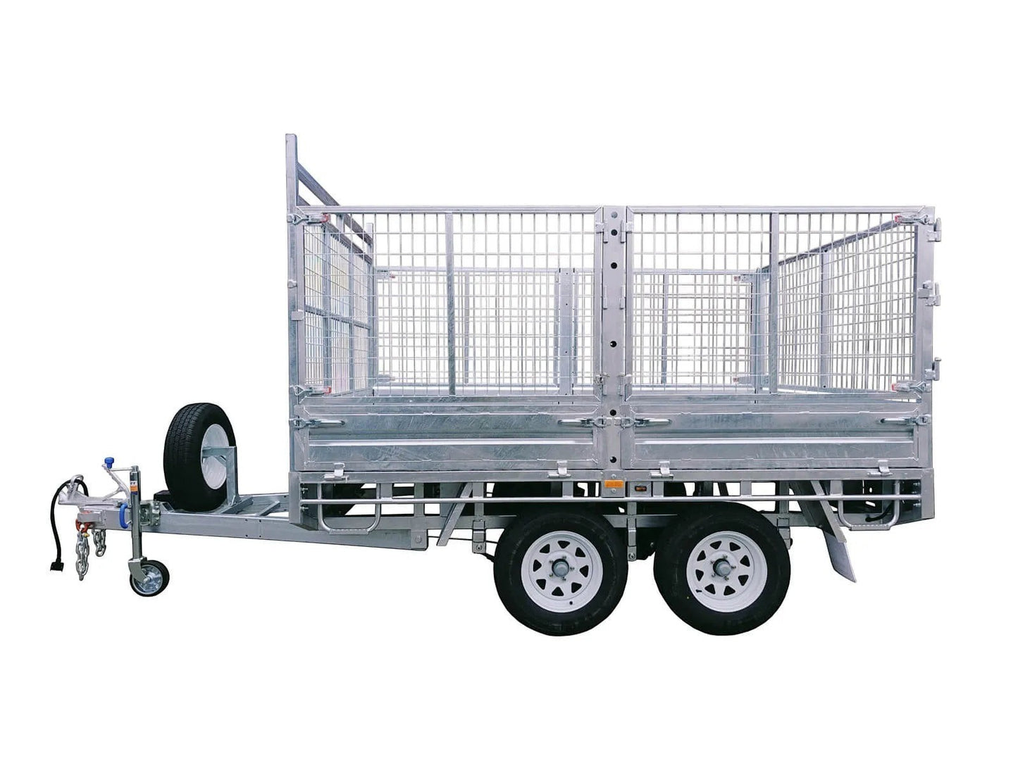 Coffs Metal Works galvanized steel dual-axle cage trailer with spare wheel and white rims.