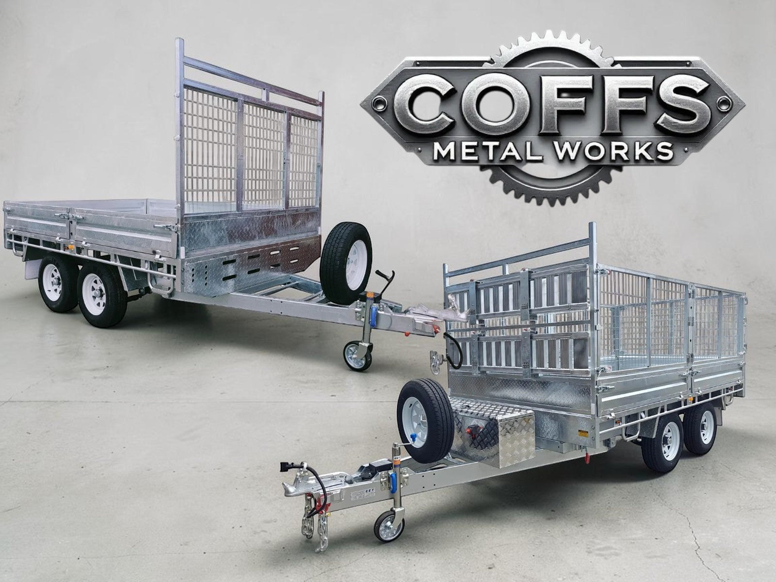 Coffs Metal Works galvanized steel cage trailer with dual axles, spare tire, and secure cage for heavy-duty hauling.