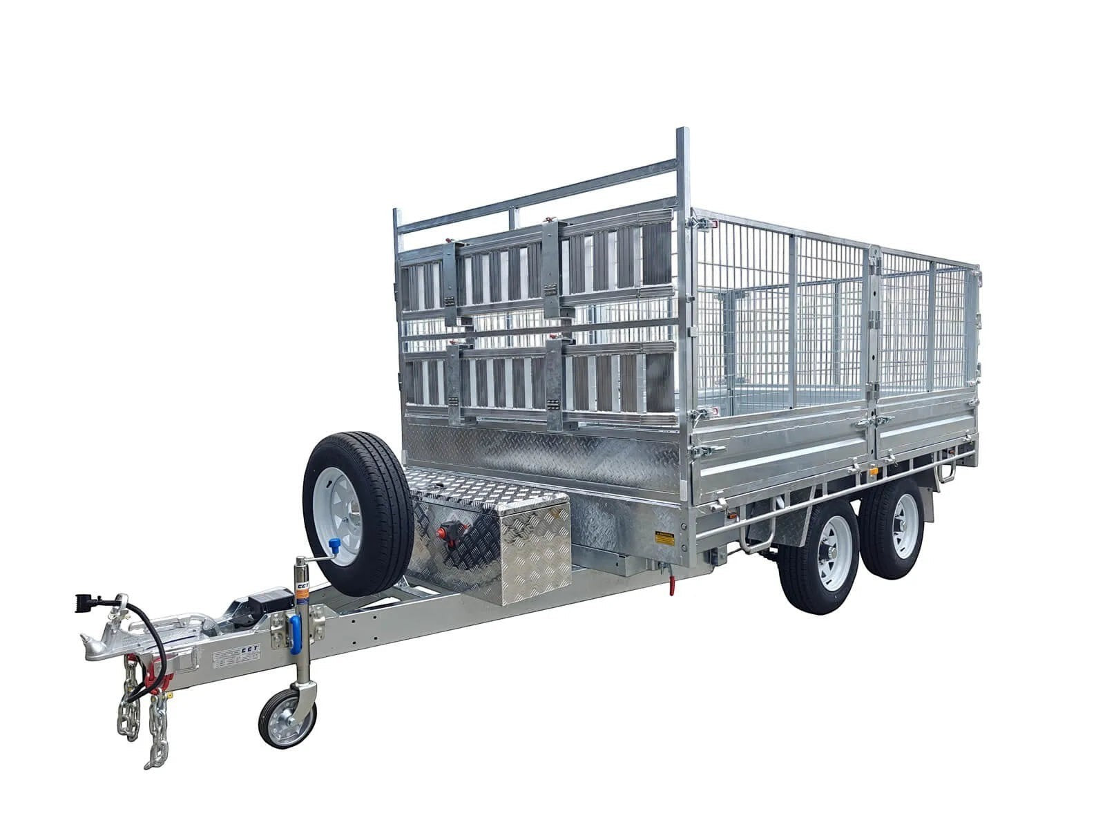 Coffs Metal Works galvanized steel cage trailer with dual axles, spare tire, and secure cargo containment. Ideal for heavy-duty hauling.
