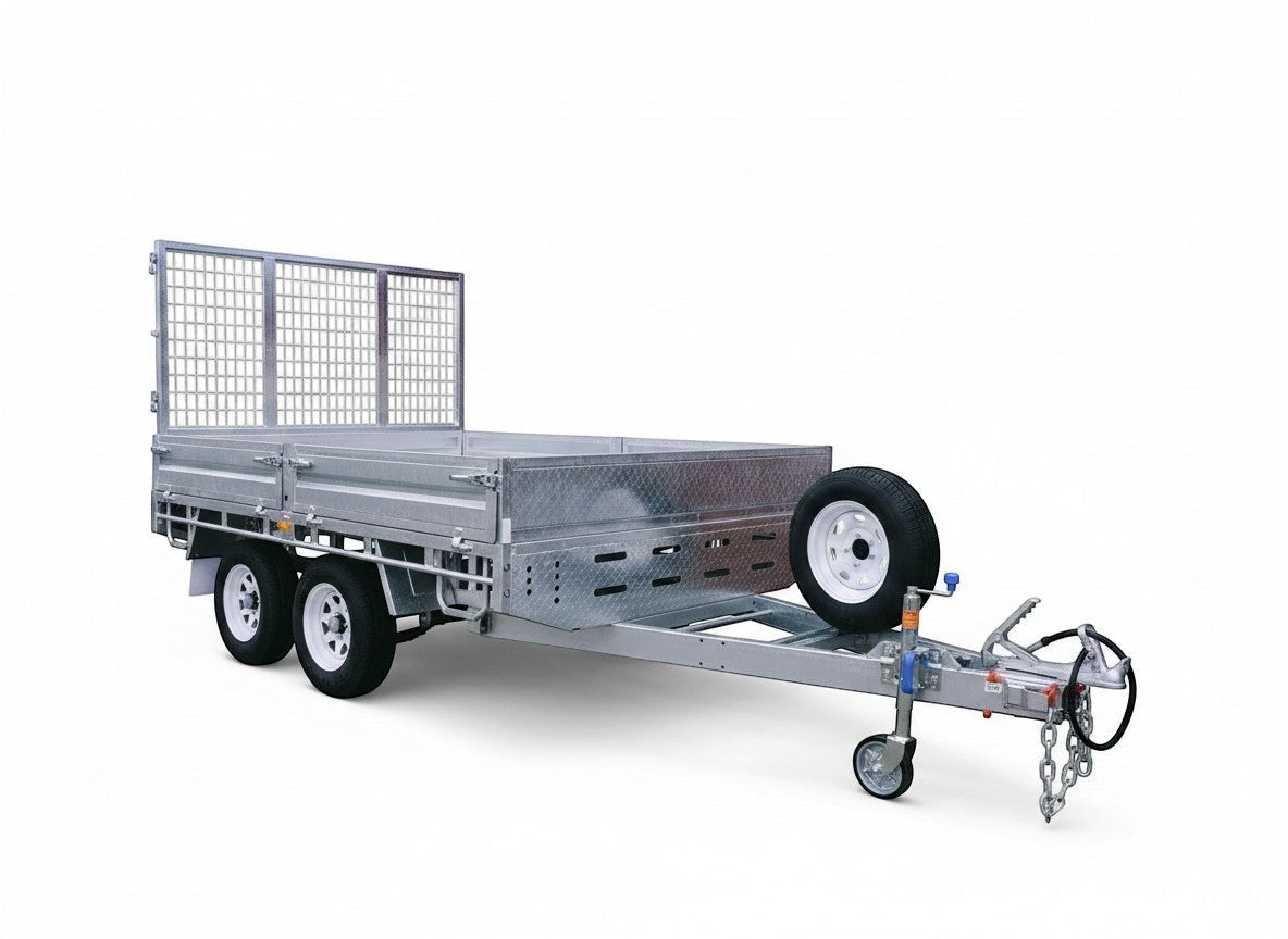 Coffs Metal Works galvanized steel dual-axle cage trailer with a spare tire mounted on the side. Features a flatbed and high sides for secure cargo transport.