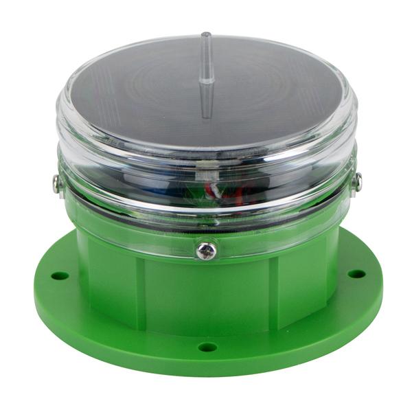Coffs Metal Works green solar powered marine navigation beacon light with a clear protective dome and LED housing.