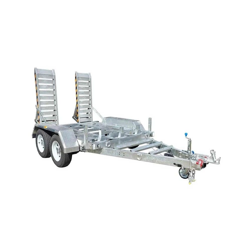 Coffs Metal Works 3000kg 4500dkg plant trailer with dual axles, aluminium ramps, and check plate flooring.