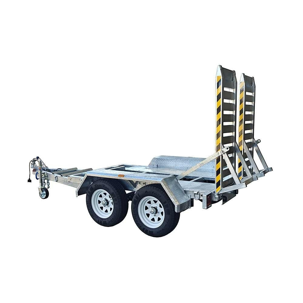 Coffs Metal Works dual axle plant trailer with checker plate floor and aluminium loading ramps, 2000kg-3000kg ATM.