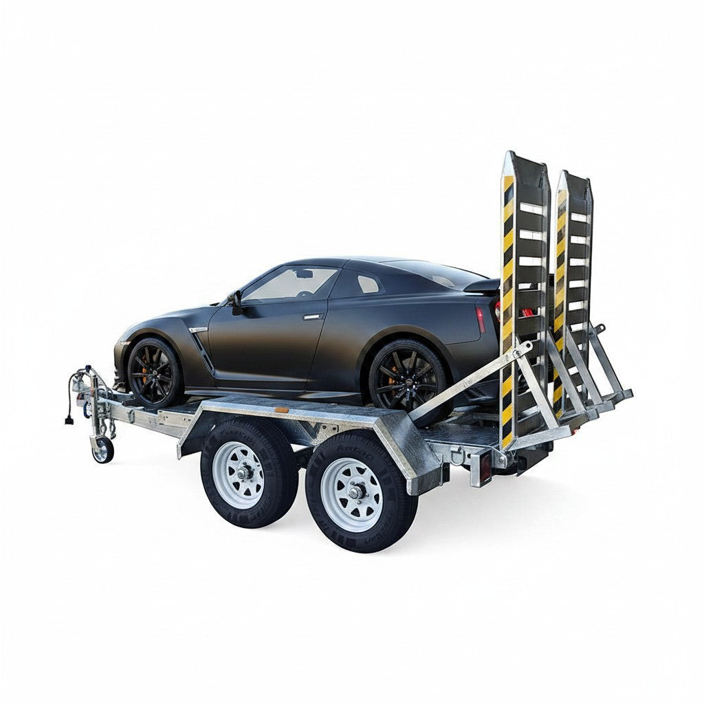 Coffs Metal Works dual axle plant trailer with checker plate floor and aluminium loading ramps, 2000kg-3000kg ATM.