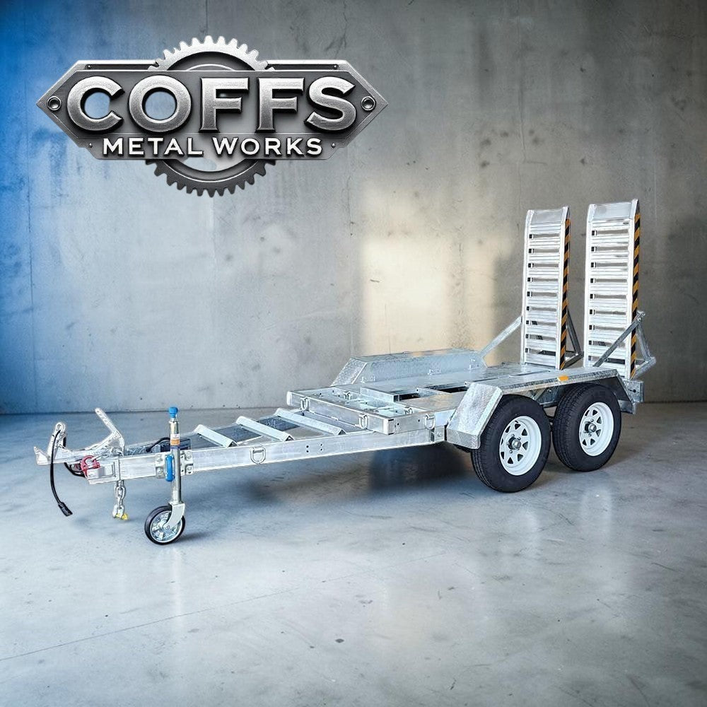 Coffs Metal Works dual axle plant trailer with 2000kg-3000kg ATM, galvanised steel chassis, checker plate floor, and aluminium ramps.