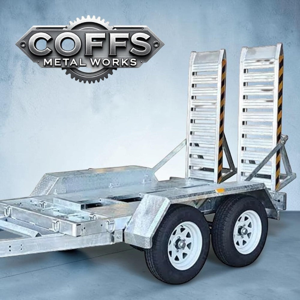 Coffs Metal Works 3.5t/4.5t plant trailer with dual axles, electric brakes, and aluminium ramps. Galvanised steel construction.