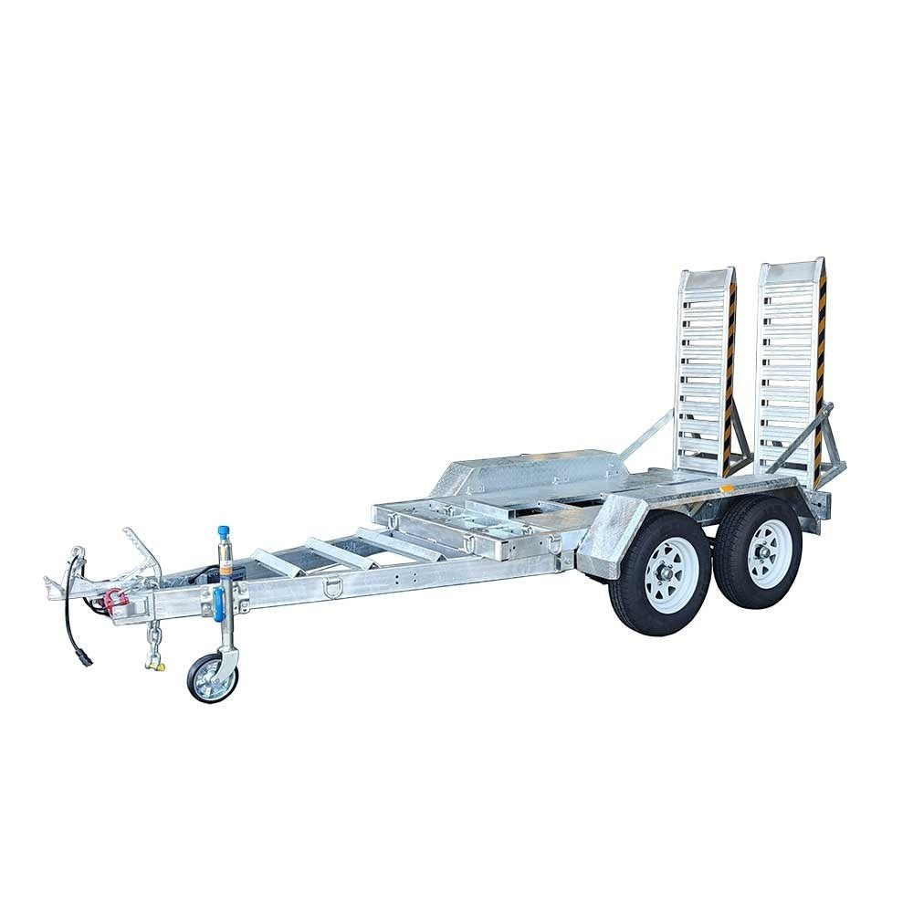Coffs Metal Works dual axle plant trailer with checker plate floor, loading ramps, and electric brakes. Galvanised steel construction.