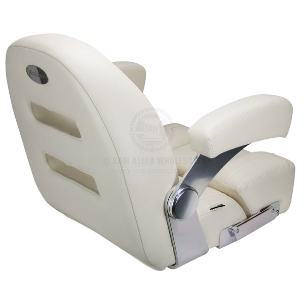Coffs Metal Works Relaxn Cruiser low back marine seat in ivory white with flip-up thigh support and armrests
