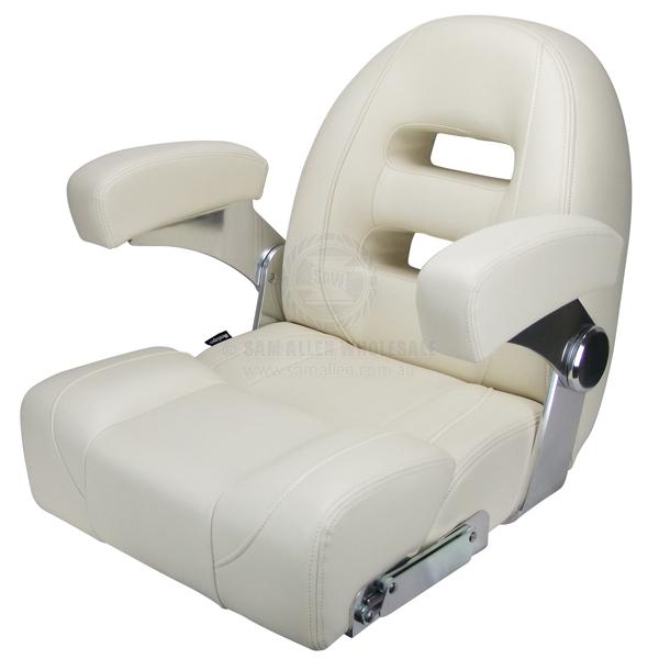 Coffs Metal Works Relaxn Cruiser low back marine seat in ivory white with flip-up armrests and thigh support.