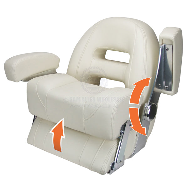Coffs Metal Works Relaxn Cruiser low back marine seat in ivory white with flip-up thigh support and padded armrests