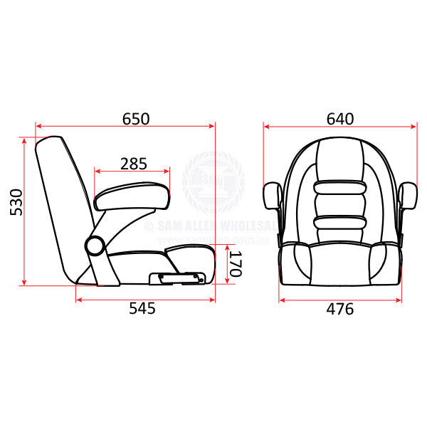 Coffs Metal Works Relaxn Cruiser low back boat seat technical diagram showing dimensions and flip-up thigh support.