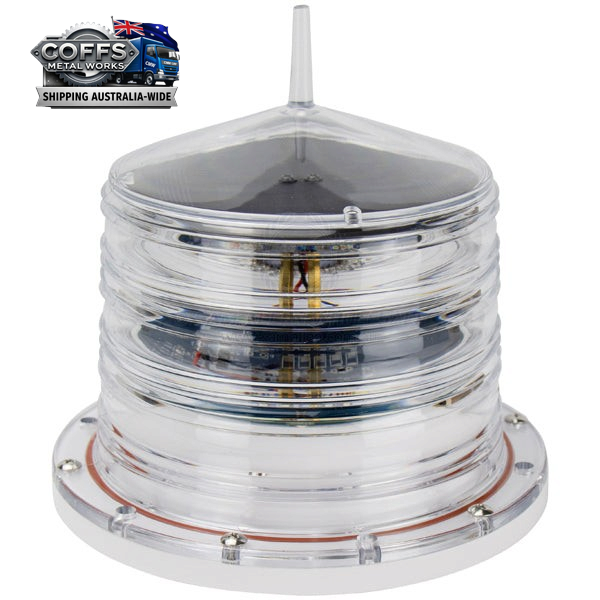 Coffs Metal Works solar powered marine navigation beacon with clear weather-resistant housing and integrated solar panel