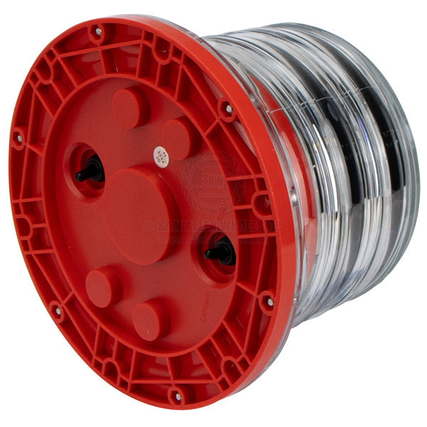 Coffs Metal Works solar powered marine navigation beacon with a red base and clear lens for channel marking
