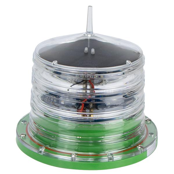 Coffs Metal Works solar powered marine navigation beacon with clear housing and green base for channel marking