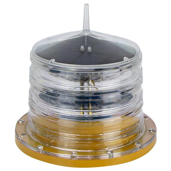 Coffs Metal Works solar powered marine navigation beacon with clear lens and integrated solar panel for water safety.