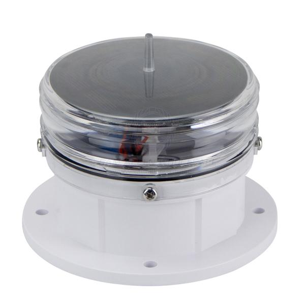 Coffs Metal Works 100mm solar powered marine navigation beacon light with a clear lens and white mounting base.