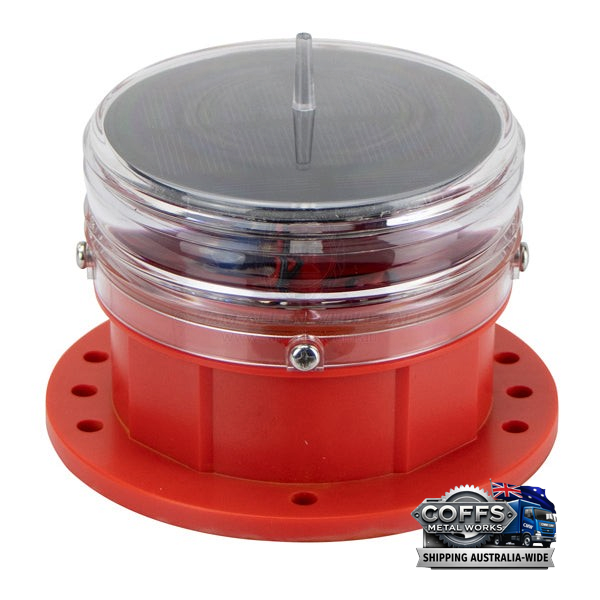 Coffs Metal Works 100mm solar powered red LED marine navigation beacon light with a clear protective dome.