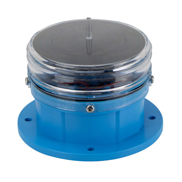 Coffs Metal Works 100mm solar powered LED marine navigation beacon with a blue base and clear protective dome.