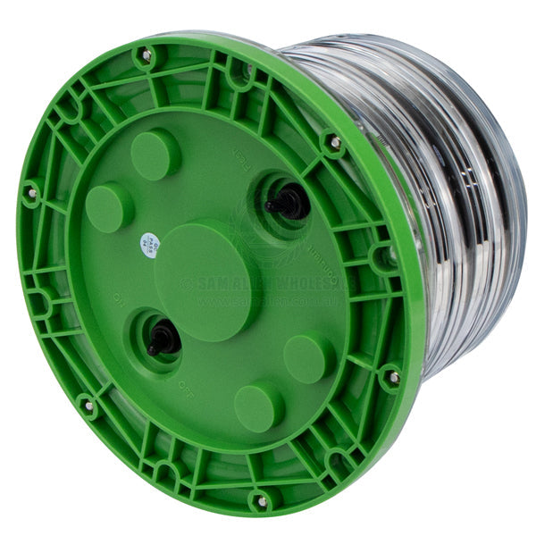 Coffs Metal Works solar powered marine navigation beacon with a green base and clear lens for channel marking