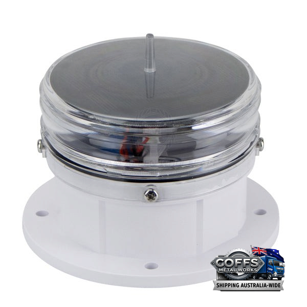 Coffs Metal Works 100mm solar powered LED marine navigation beacon light with a durable white base and clear housing.
