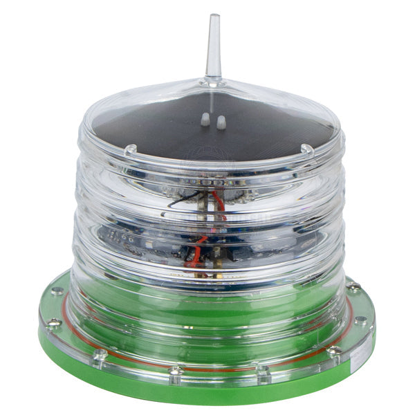 Coffs Metal Works solar powered marine navigation beacon with a clear lens and green base for channel marking.
