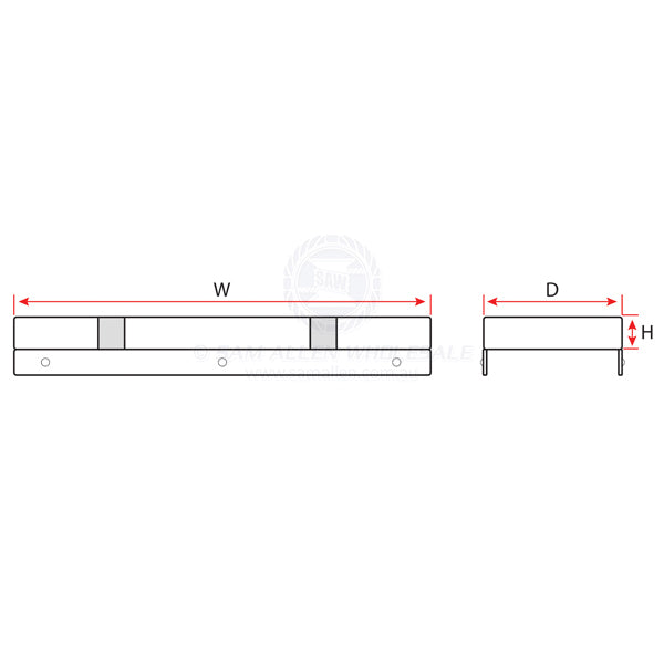 Coffs Metal Works tinnie seat cushion technical diagram showing width, depth, and height dimensions with mounting flaps