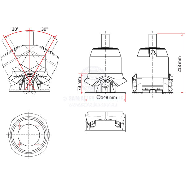 Coffs Metal Works ULTRAFLEX marine steering tilt mechanism technical drawing with dimensions and 30-degree tilt range