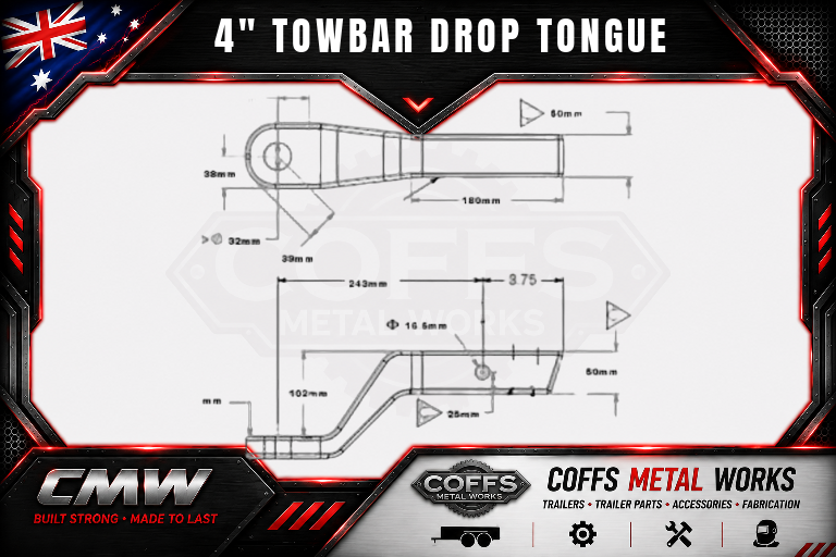 4" Drop Forged Towbar Tongue 70mm Ball Hitch. Suit Hayman Reece ARB TJM.