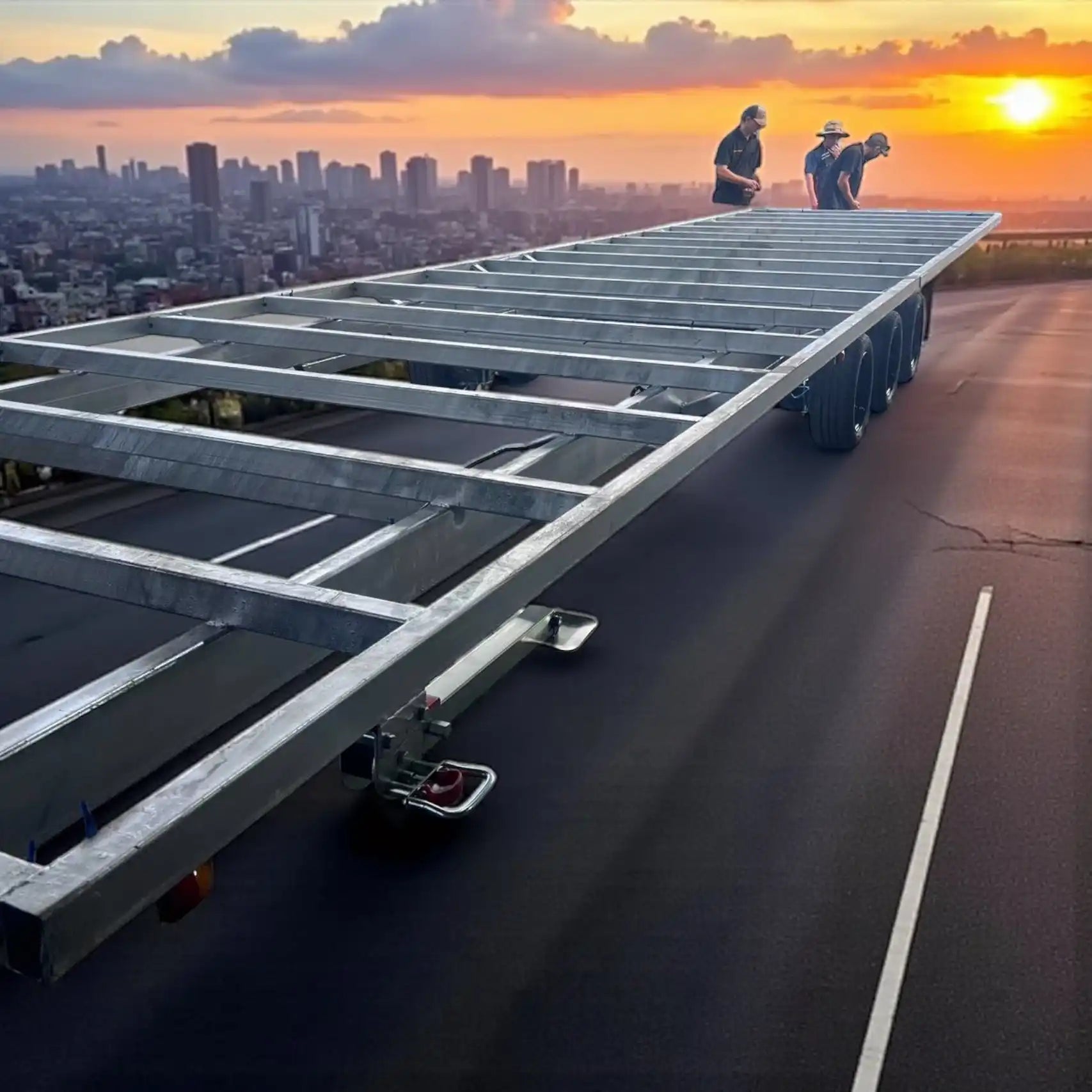 An empty galvanized steel flatbed trailer frame.