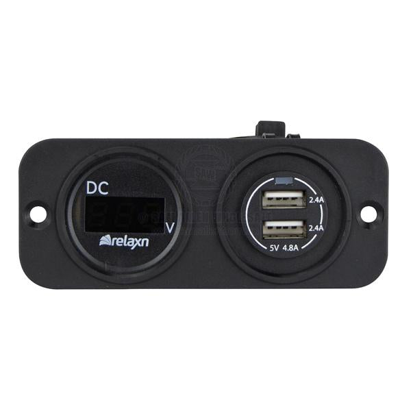 RELAXN SOCKET - DUAL PANEL - VOLTMETER & DUAL USB-A CHARGER