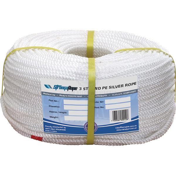 STRONGAROPE ROPE - POLYETHYLENE SILVER - 3 STRAND LAID