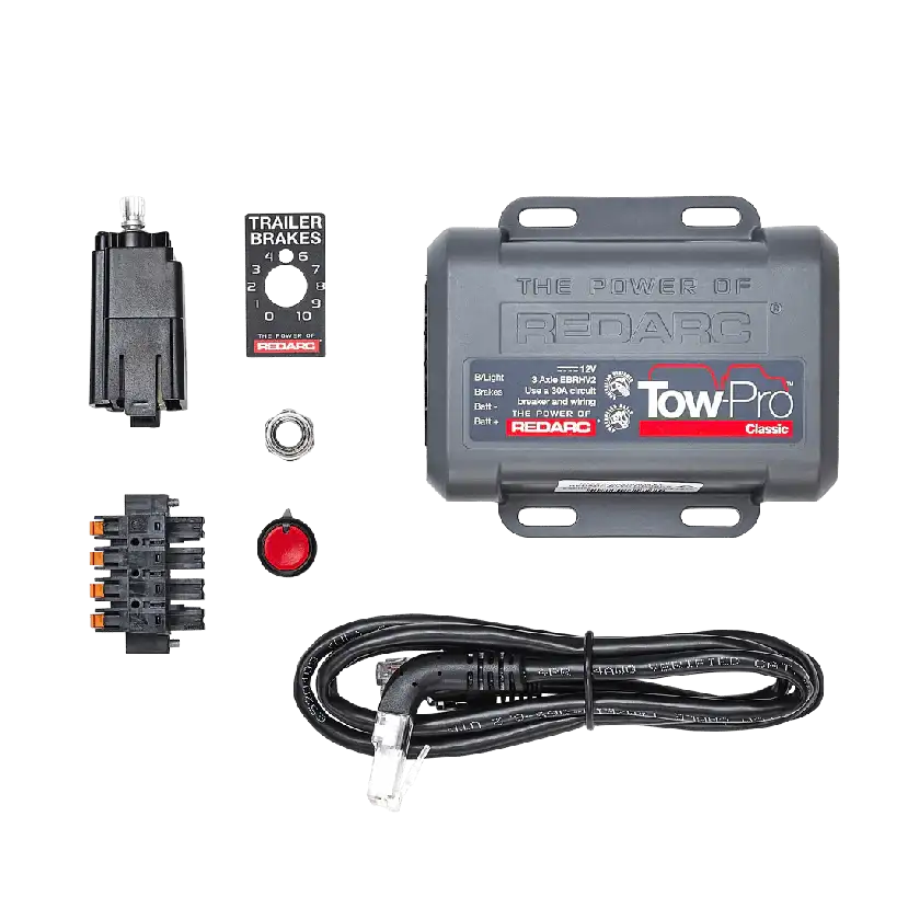 Gray plastic redarc towpro classic trailer brake controller with black wiring and red button components