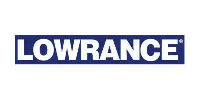 Lowrance logo, featuring bold white lettering on a solid blue rectangular background.