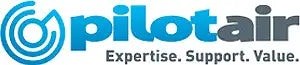Pilot air logo featuring a stylized blue circular design with the brand name in bold, modern lettering.