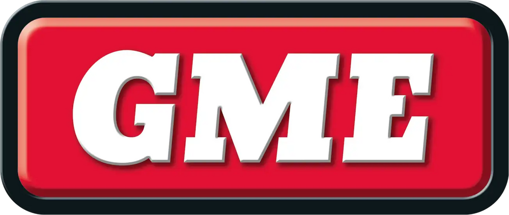Red rectangular logo with bold white ’gme’ lettering and a black border.