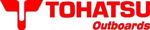 Red tohatsu outboards logo with bold, stylized lettering and a distinctive emblem above the brand name.