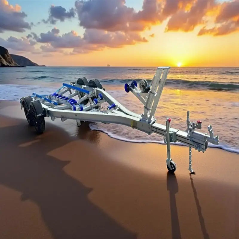 Silver aluminum boat trailer with blue accents and black tires, designed for beach use.