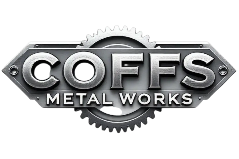 Silver metallic logo featuring the text ’coffs metal works’ with a gear design integrated into its shape.