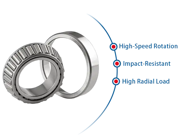 Silver metallic tapered roller bearing with a polished, reflective surface and precise engineering design.