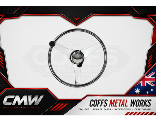 Relaxn marine steering wheel with knob showcased by Coffs Metal Works, featuring a sleek 3-spoke design.