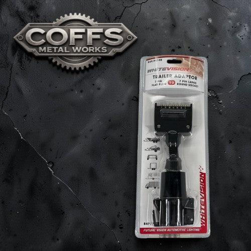 7 pin flat to round trailer adaptor package showcasing heavy-duty connection for vehicles and trailers.